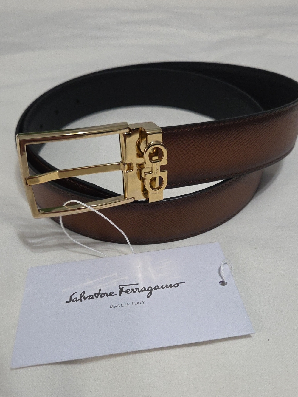 Salvatore Ferragamo Black & Brown Leather Belt Gold Gancini Buckle